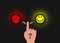 Human hand Making a choice between two Emoticon buttons. Choose between happy and sad emoji. hand with question making a decision