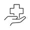 Human hand and medical cross line icon vector symbol of healthcare medicine protection