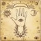 Human hand, mystical symbols. Eye of Providence.
