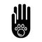 Human hand and paw inside simple vector icon. Black and white illustration of adopt pet. Solid linear icon.