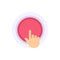 Human hand press on huge circle red button vector flat illustration. Person finger turn off and on