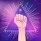 Human hand raised up over triangle shape with rays. Symbol of fighting, Revolution, protest, riot. Masonic sign. Fight like