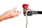 Human hand receiving rose from artificial hand