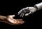 A human hand and a robotic hand reaching for each other. Cooperation between humans and machines. Generative AI illustration