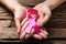 Human Hand Showing Pink Ribbon To Support Breast Cancer Cause