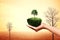 A human hand shows a grown tree on fertile land with barren trees in the drought field