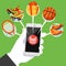 Human hand, smart phone, shop basket, goods icon