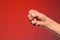 Human hand that squeezed fingers into a fist, symbolizing hatred and resistance, isolated on a red background