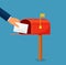 Human hand is taking out an envelope from a postbox. Flat vector illustration of mailbox and a hand holding sealed letter.