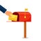 Human hand is taking out an envelope from a postbox. Flat vector illustration of mailbox and a hand holding sealed letter.