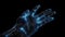 Human hand touching hologram screen with finger with glowing polygonal wireframe on dark background generative AI