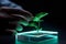 human hand touching a plant, on a glass holographic box. conservation of nature. Generative AI