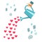 Human hand with a watering can water with hearts, like, hashtag, at . Concept for social media. Vector illustration on white