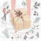 Human hands decorating gift box or parcel wrapped into brown mail paper with fir brunch and birds couple badge. Vector
