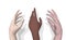 Human hands of different races are drawn to the heart. Palms light skin, dark skin, Asian skin. 3D rendering