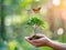 Human hands gently hold a small sapling or small tree. Visual metaphor for environmental awareness and climate change. Green bokeh