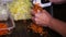 Human hands grate raw carrot on a metal grater