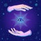 Human hands hold the divine all-seeing eye. Planet orbits, space, universe.