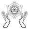 Human hands hold the shining triangle, a providence eye. Sacred geometry, mystical symbol.