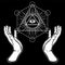 Human hands hold the shining triangle, a providence eye. Sacred geometry, mystical symbol.