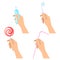 Human hands hold toothbrush, toothpaste tube, lollipop and drink