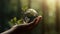 Human hands holding earth sphere crystal with sunlight, green nature background, concept of conservation environmental. AI