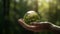 Human hands holding earth sphere crystal with sunlight, green nature background, concept of conservation environmental. AI