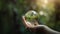 Human hands holding earth sphere crystal with sunlight, green nature background, concept of conservation environmental. AI