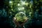 Human hands holding earth sphere crystal with sunlight, green nature background, concept of conservation environmental. AI