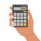 Human hands holding a realistic calculator. Keyboard for business, finance, electronic calculator. Electronic counting device.