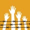 Human hands up behind barbed wire. Vector
