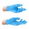 Human hands wearing blue latex medical gloves. Realistic vector illustration of sterile rubber protective hygiene equipment for