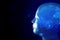 human head brain and particle with digital data ai global network technology hologram with light and hand of human with blue and r