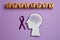 Human head cutout with brain, purple ribbon near word Epilepsy made of wooden cubes on lilac background, flat lay