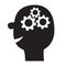 Human head face icon Black silhouette. Gears wheels inside brain. Team work business concept. Thinking process. Flat design. White