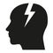 Human head with lightning bolt glyph icon. Artificial intelligence. Silhouette symbol. Brain charging.