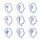 Human head profile line icon set, cognitive psychology or psychiatry, intellect training