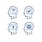 Human head profile and magnifying glass line icon set, decision making or behavior, intellect training, education concept