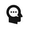 Human head profile with speech bubble symbol, inner monologue, thoughts concept simple black icon