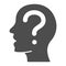 Human head and question solid icon, startup concept, Thinking man sign on white background, Question mark in head icon