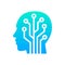 Human head tech logo, Circuit board technological brain, Artificial intelligence, Simple flat design icon symbol