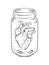 Human heart in glass jar isolated. Sticker, print or blackwork tattoo hand drawn vector illustration