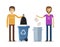 Human, man throws rubbish in garbage bin. Volunteering people, ecology, environment concept. Flat characters vector