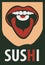 Human mouth eating sushi