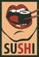 Human mouth eating sushi in a retro style