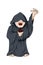 Human Necromancer or Warlock in Black Robe Cast Spell, cartoon Character