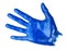 Human palm covered blue oil paint