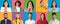 Human portraits set with diverse emotional men and women on colorful studio backgrounds, panorama