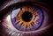 Human purple-yellow eye close up. AI Generated