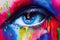 Human Right eye closeup with colorful illustration. Adult man face with multicolored on face. Male eye with blue iris